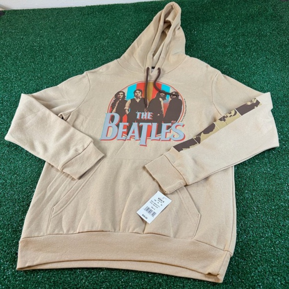 The Beatles Graphic Hoodie Pullover Sweatshirt Band Logo Beige Mens Small NWT